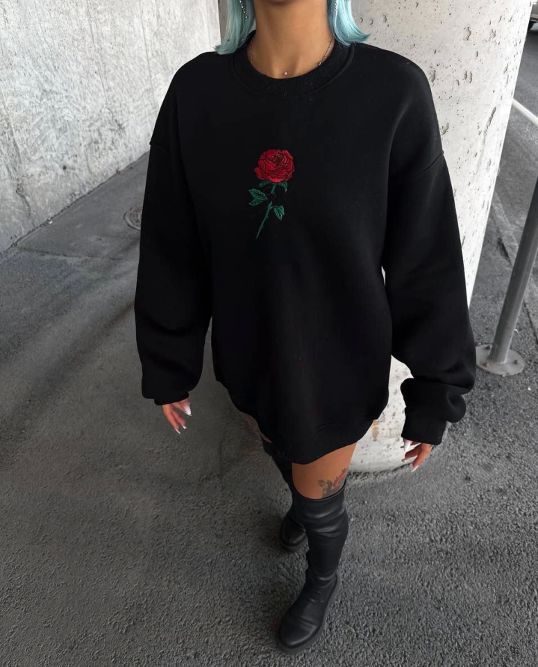 Oversize Üç İplik Bisiklet Yaka Baskılı SweatShirt - Siyah (131695)