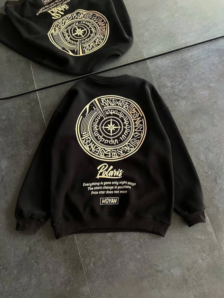 Kışlık Bisiklet Yaka Ön Ve Arka Baskılı SweatShirt - Siyah (131696)