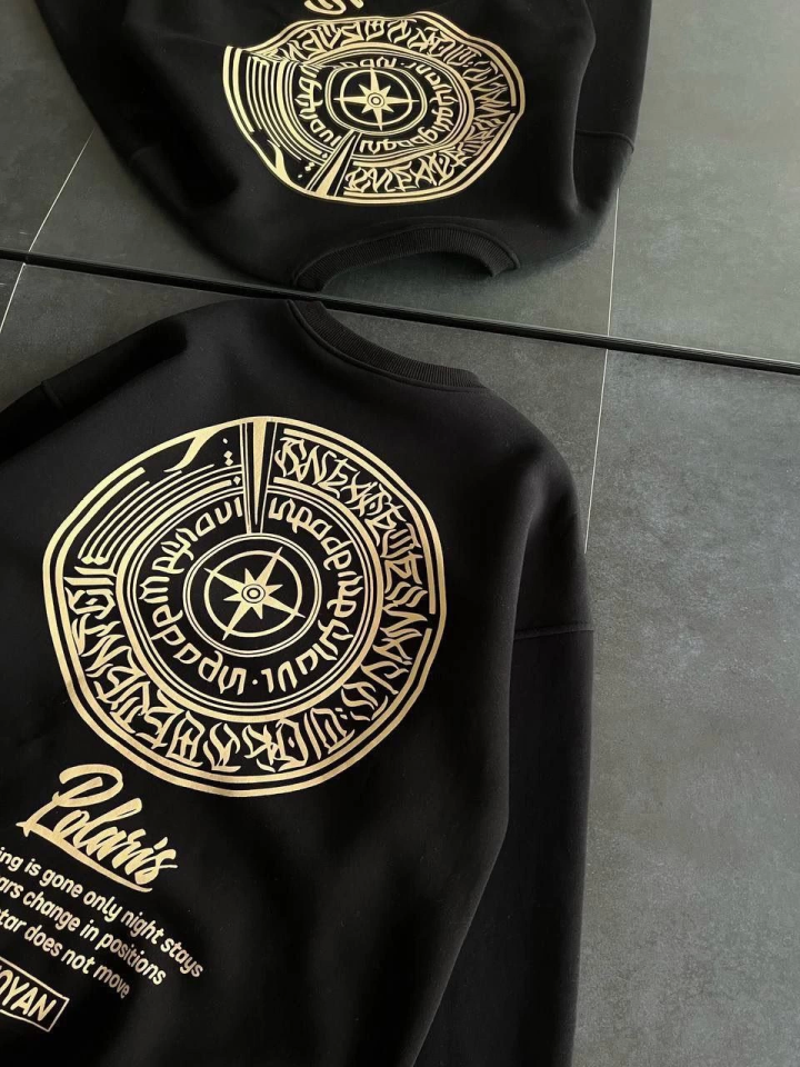 Kışlık Bisiklet Yaka Ön Ve Arka Baskılı SweatShirt - Siyah (131696)