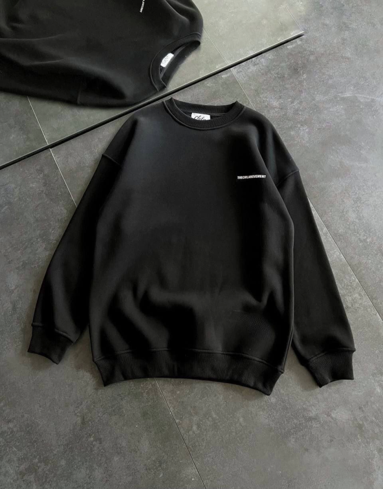 Kışlık Bisiklet Yaka Oversize Baskılı SweatShirt - Siyah (131702)