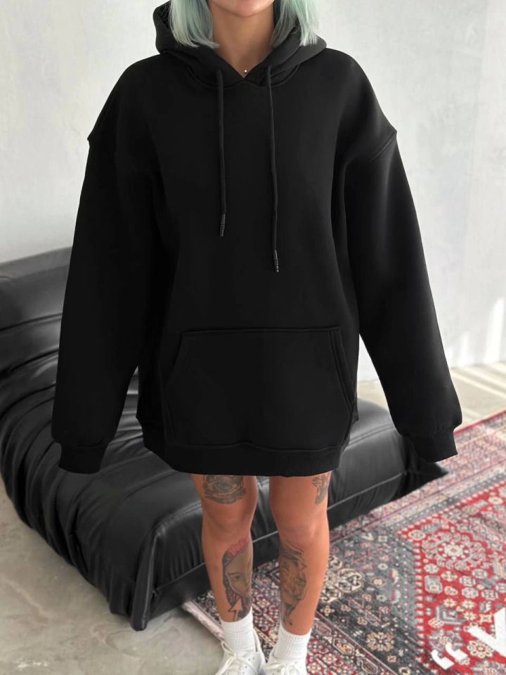 Kapşonlu Üç İplik Penye Basic SweatShirt - Siyah (131805)