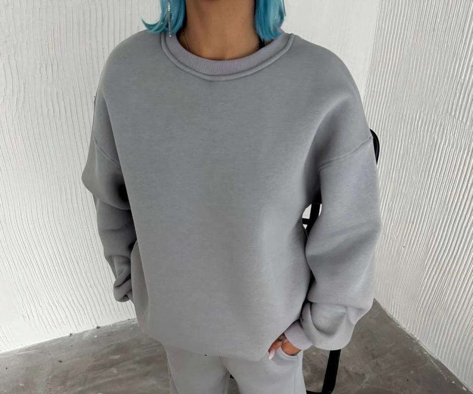 Kışlık Bisiklet Yaka Üç İplik Basic SweatShirt - Gri (131874)