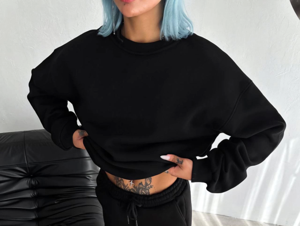 Kışlık Bisiklet Yaka Üç İplik Basic SweatShirt - Siyah (131875)