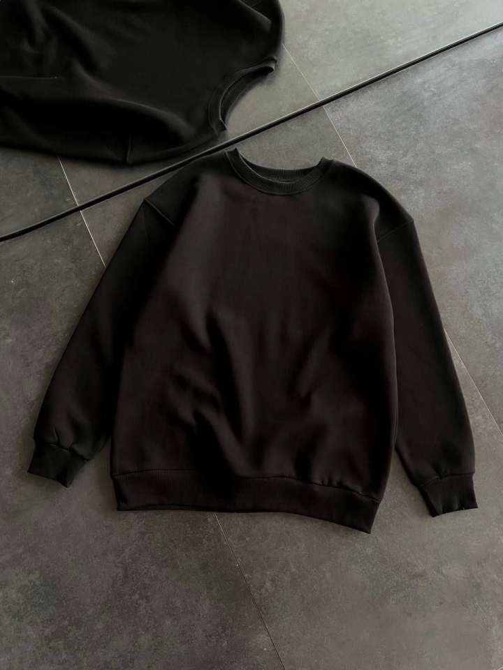 Kışlık Bisiklet Yaka Üç İplik Basic SweatShirt - Siyah (131875)