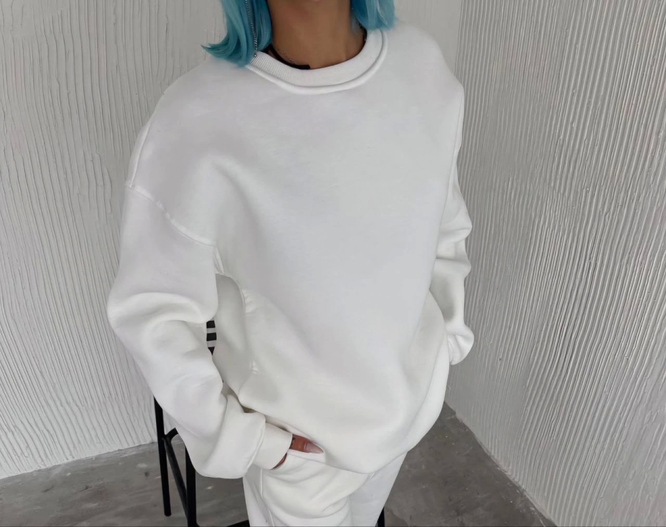 Kışlık Bisiklet Yaka Üç İplik Basic SweatShirt - Beyaz (131876)