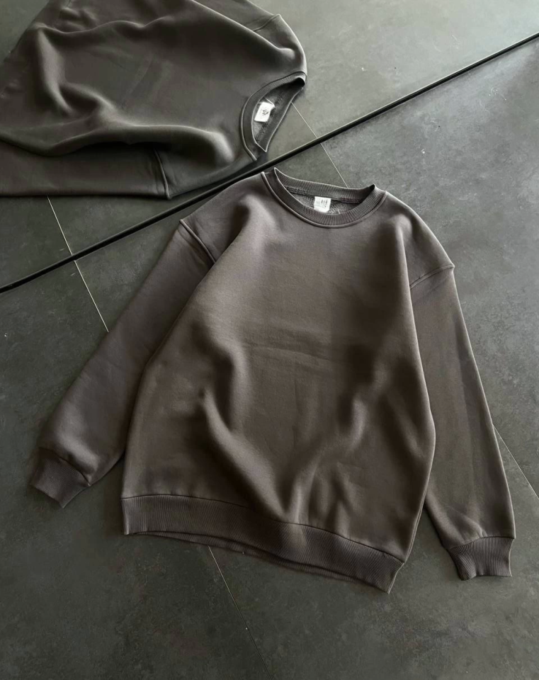 Kışlık Bisiklet Yaka Üç İplik Basic SweatShirt - Füme (131878)