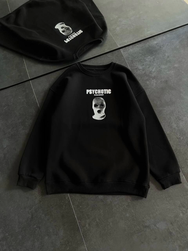 Kışlık Bisiklet Yaka Baskılı SweatShirt - Siyah (131881)