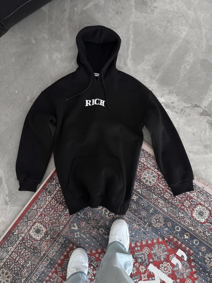 Uzun Kol Kapşonlu Göğüs Baskılı SweatShirt - Siyah (131883)