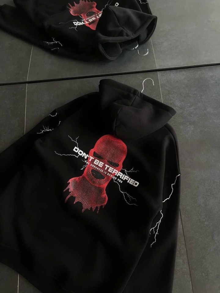 Üç İplik Kapşonlu Baskılı Oversize SweatShirt- Siyah (131958)