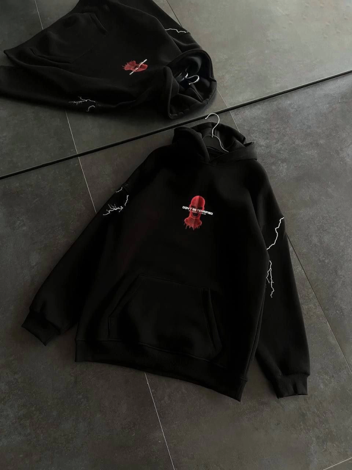 Üç İplik Kapşonlu Baskılı Oversize SweatShirt- Siyah (131958)