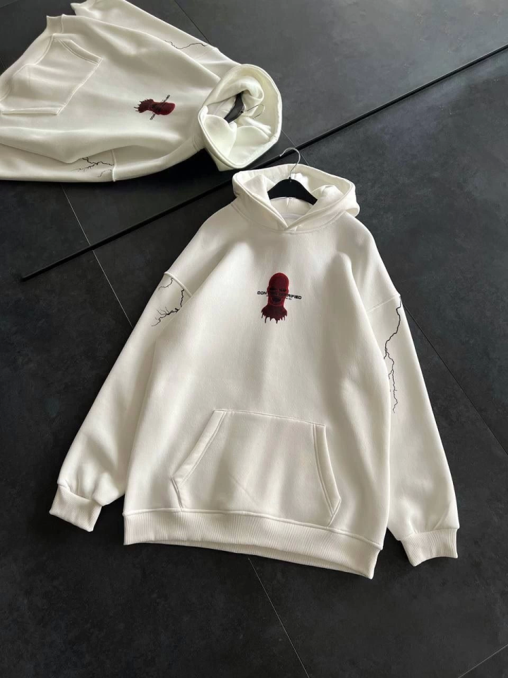 Üç İplik Kapşonlu Baskılı Oversize SweatShirt- Beyaz (131959)