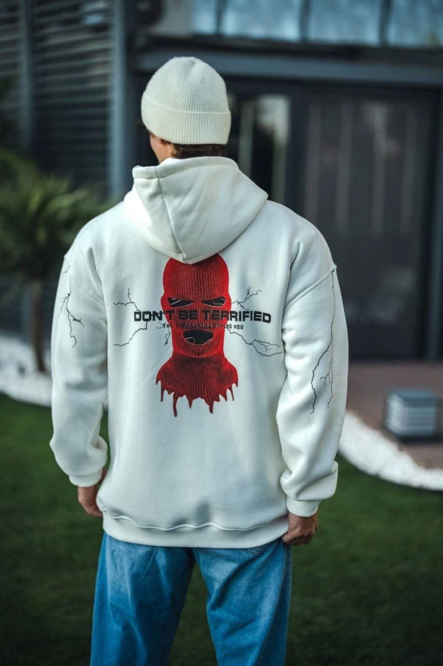 Üç İplik Kapşonlu Baskılı Oversize SweatShirt- Beyaz (132027)