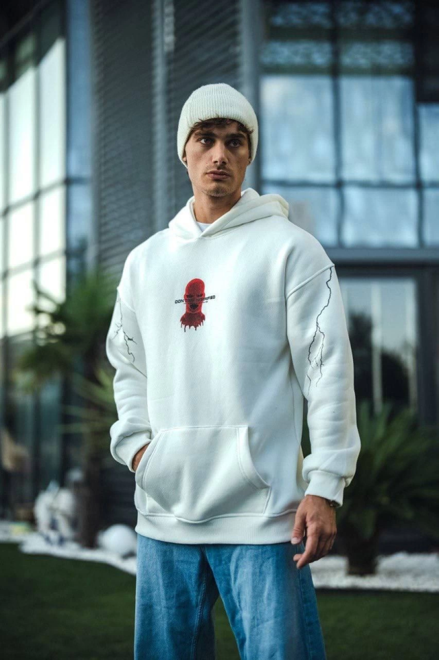Üç İplik Kapşonlu Baskılı Oversize SweatShirt- Beyaz (132027)