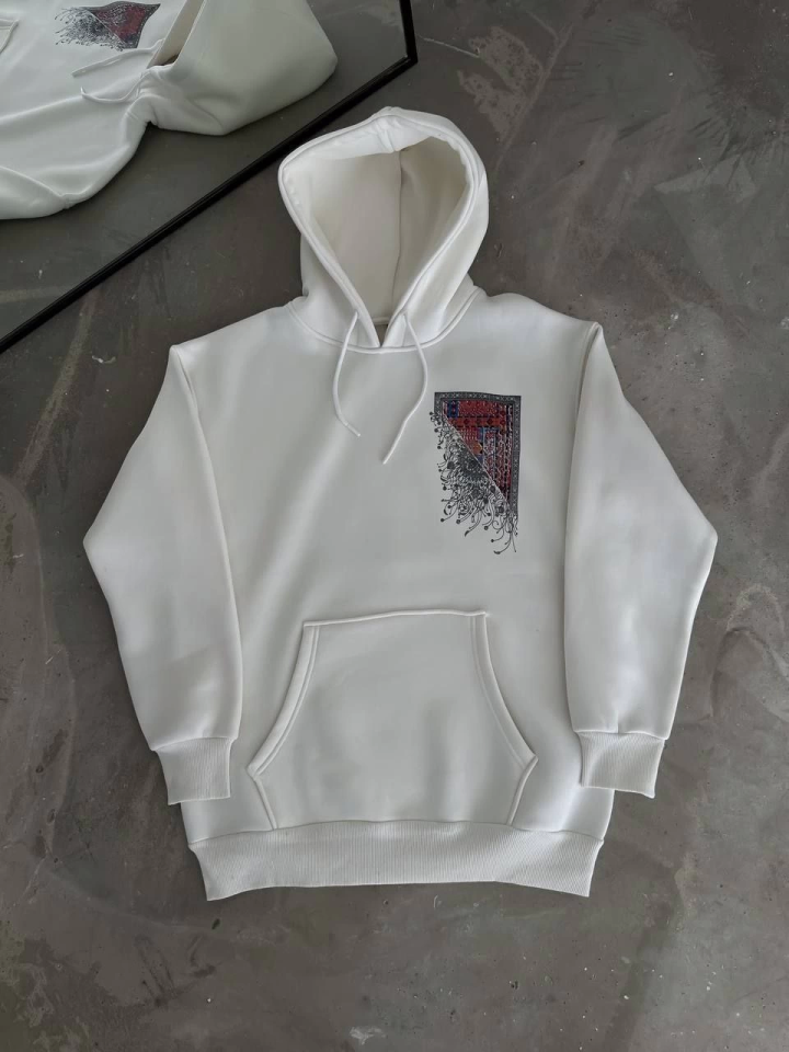 Uzun Kol Kapşonlu Ön Ve Arka Baskılı SweatShirt - Beyaz (132931)