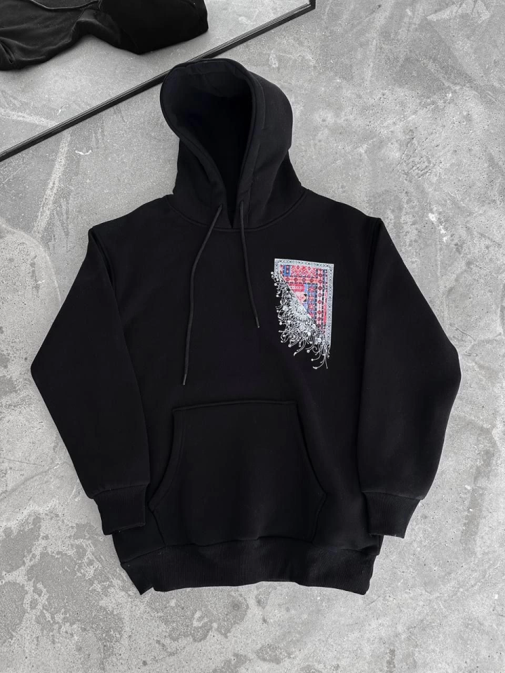 Uzun Kol Kapşonlu Ön Ve Arka Baskılı SweatShirt - Siyah (132932)