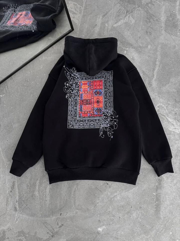 Uzun Kol Kapşonlu Ön Ve Arka Baskılı SweatShirt - Siyah (132932)