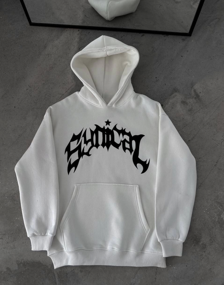 Kışlık Kapşonlu Baskılı Oversize SweatShirt- Beyaz (133014)