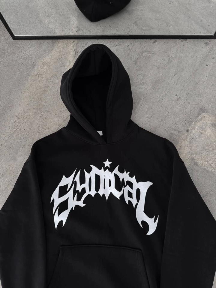Kışlık Kapşonlu Baskılı Oversize SweatShirt- Siyah (133015)