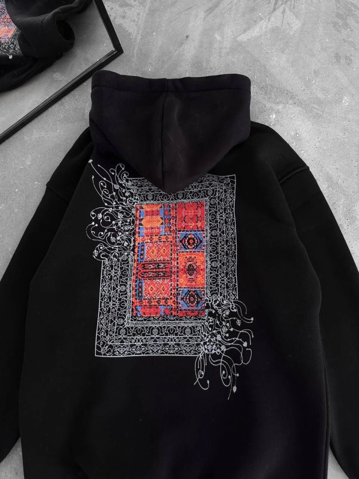 Uzun Kol Kapşonlu Ön Ve Arka Baskılı SweatShirt - Siyah (133016)