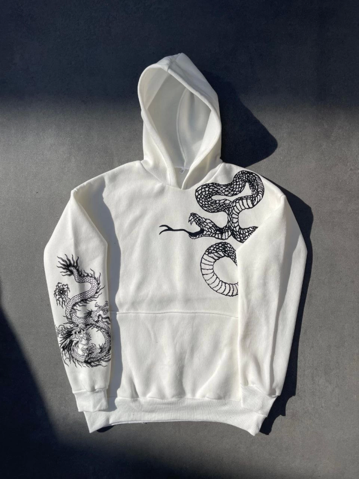 Uzun Kol Kapşonlu Baskılı SweatShirt - Beyaz (133157)