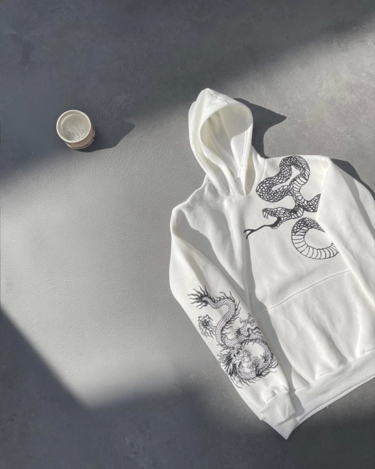 Uzun Kol Kapşonlu Baskılı SweatShirt - Beyaz (133157)