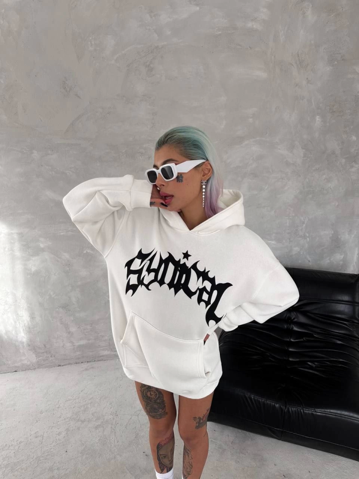 Unisex Üç İplik Kapşonlu Baskılı SweatShirt - Beyaz (133161)