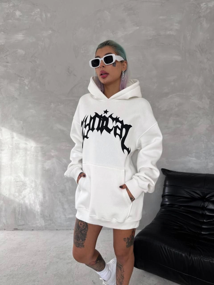 Unisex Üç İplik Kapşonlu Baskılı SweatShirt - Beyaz (133161)