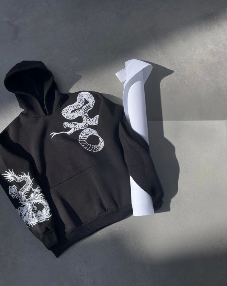 Uzun Kol Kapşonlu Baskılı SweatShirt - Siyah (133163)