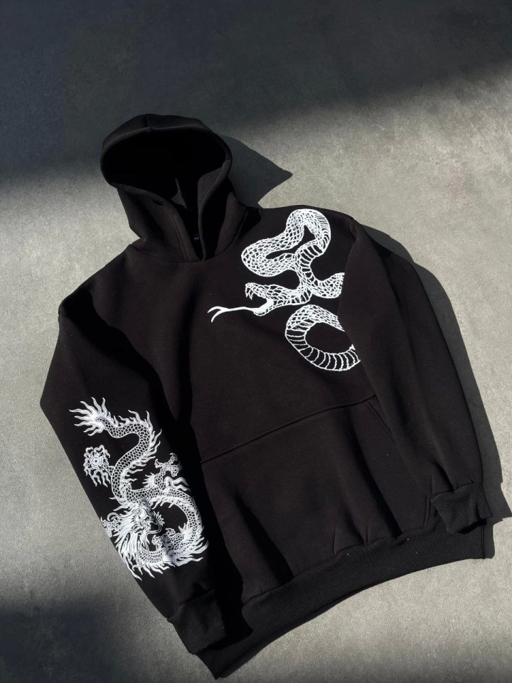 Uzun Kol Kapşonlu Baskılı SweatShirt - Siyah (133163)