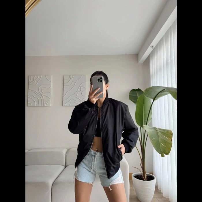 Unisex İçi Astarlı Düz Bomber Ceket - Siyah (133726)