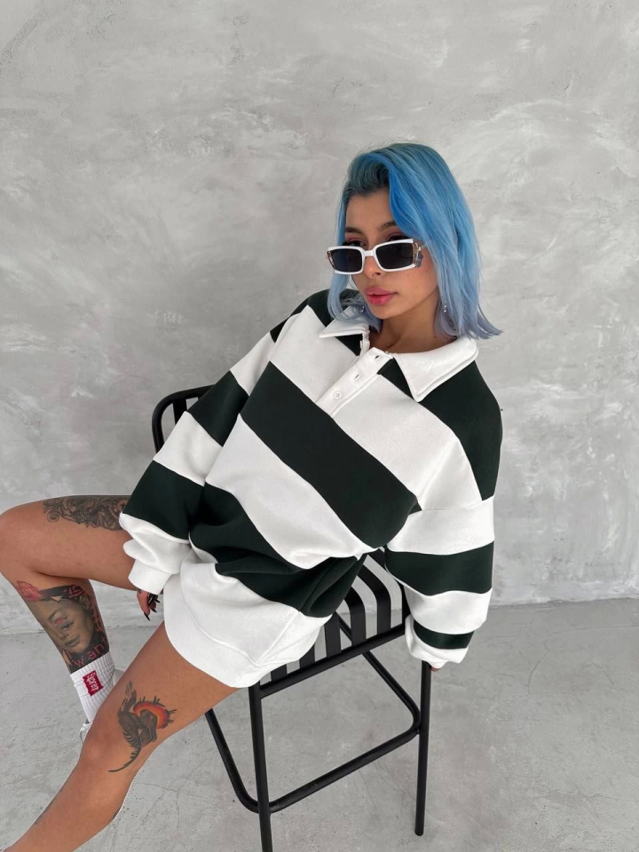 Unisex Üç İplik Parçalı Yakalı SweatShirt - Yeşil (133930)