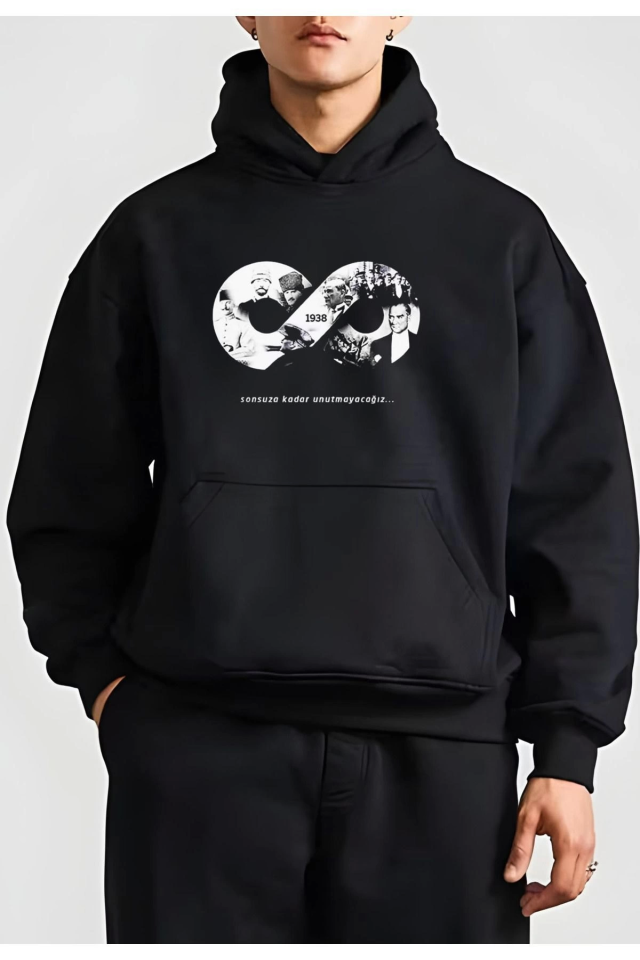 10 Kasıma Özel Üç İplik Kapşonlu Baskılı SweatShirt - Siyah (134676)
