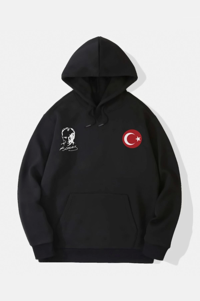 10 Kasıma Özel Üç İplik Kapşonlu Baskılı SweatShirt - Siyah (134677)