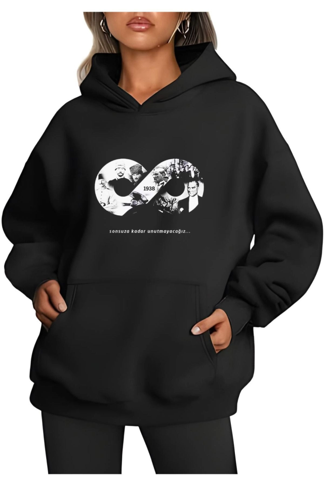 Üç İplik Kapşonlu 10 Kasıma Özel SweatShirt - Siyah (135368)