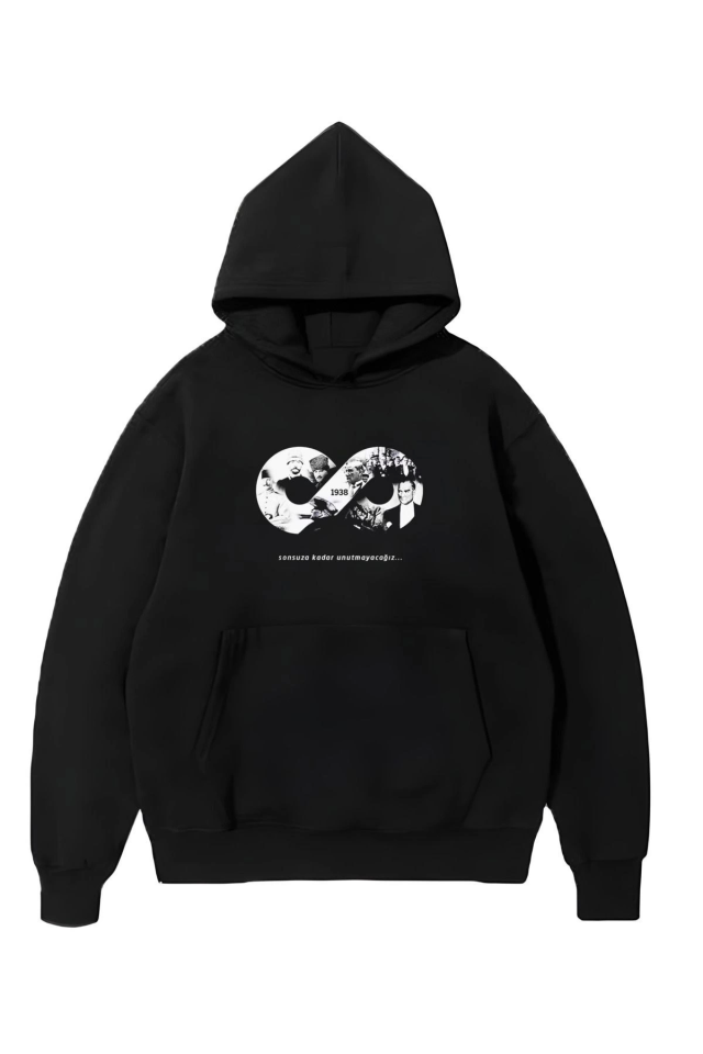Üç İplik Kapşonlu 10 Kasıma Özel SweatShirt - Siyah (135368)