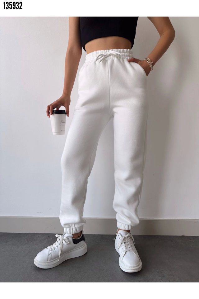 Üç İplik Basic Lastikli Eşofman Pantolon Beyaz
