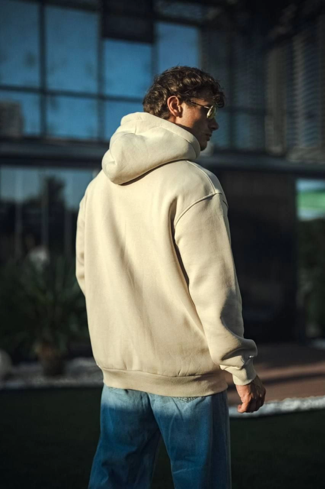 Üç İplik Penye Kapşonlu Basic SweatShirt - Bej (136175)