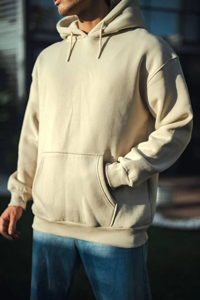 Üç İplik Penye Kapşonlu Basic SweatShirt - Bej (136175)