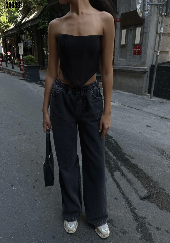 Arkadan Yırtmaçlı Jeans Kot Palazzo Pantolon Siyah