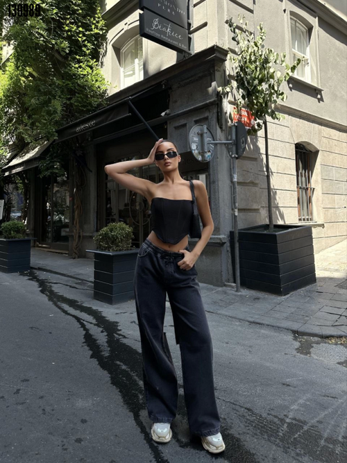 Arkadan Yırtmaçlı Jeans Kot Palazzo Pantolon Siyah