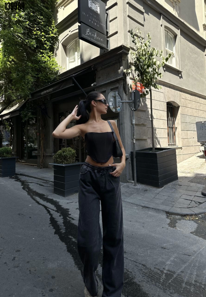 Arkadan Yırtmaçlı Jeans Kot Palazzo Pantolon Siyah