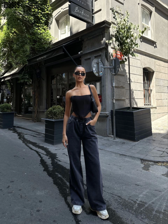 Arkadan Yırtmaçlı Jeans Kot Palazzo Pantolon Siyah