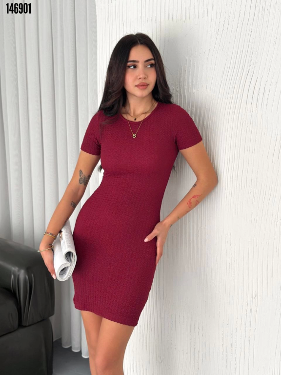 Bisiklet Yaka Kısa Kol Likralı Elbise Bordo