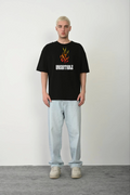 Unisex Bisiklet Yaka Baskılı Oversize T-Shirt - Siyah (147635)