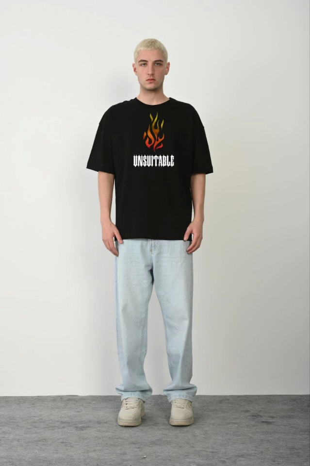 Unisex Bisiklet Yaka Baskılı Oversize T-Shirt - Siyah (147635)