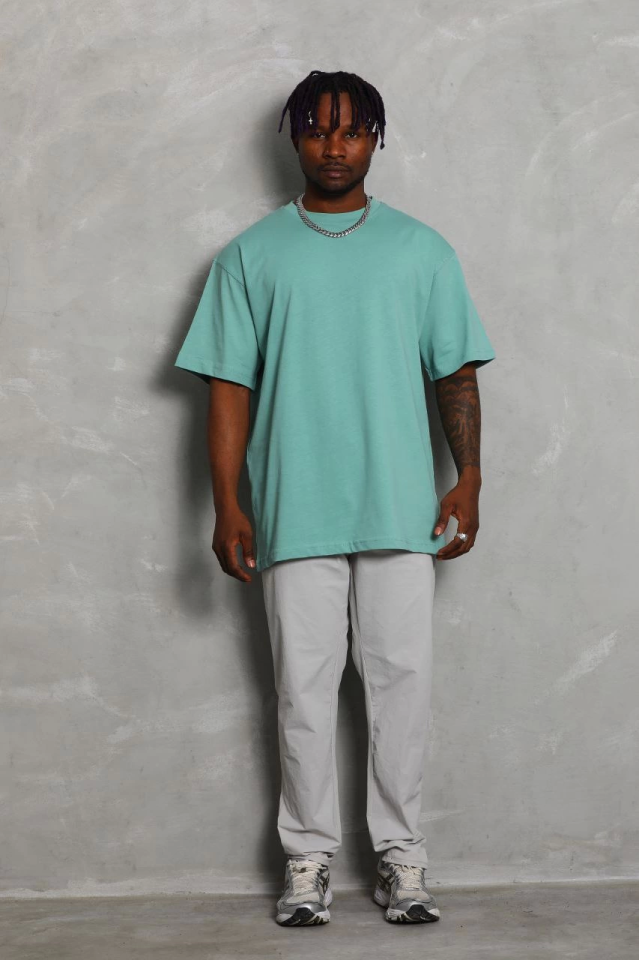 Unisex Oversize Düz Bisiklet Yaka T-Shirt - Mint Yeşili (150360)