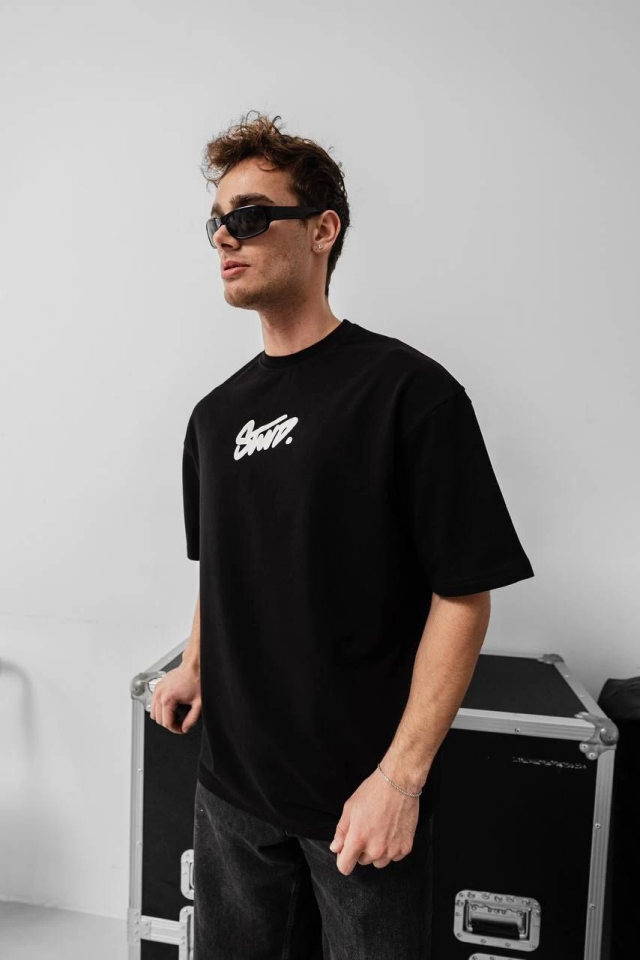 Erkek Baskılı Oversize T-shirt - Siyah (150387)