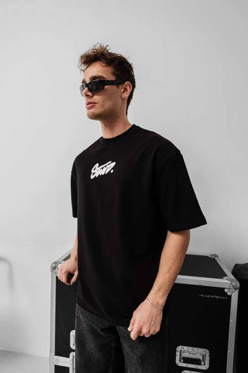 Erkek Baskılı Oversize T-shirt - Siyah (150387)