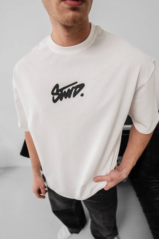 Erkek Baskılı Oversize T-shirt - Beyaz (150388)
