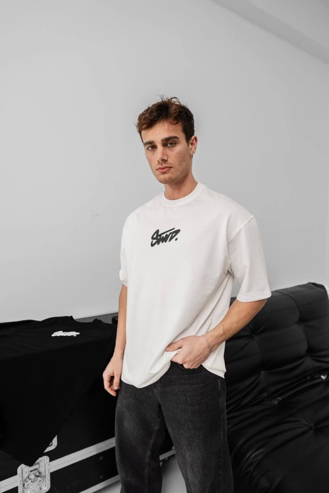 Erkek Baskılı Oversize T-shirt - Beyaz (150388)